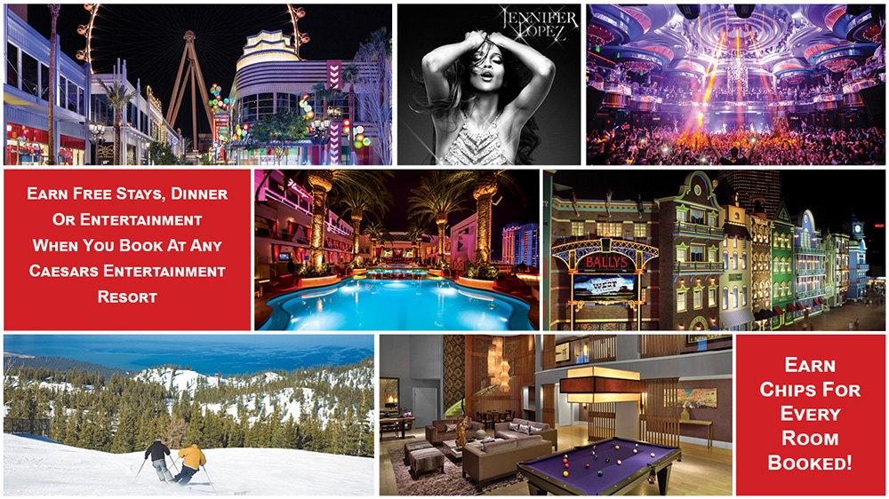 Earn free stays, dinner or entertainment when you book at any Caesars Entertainment resort. Earn chips for every room booked!